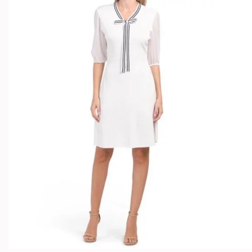 NWT Nanette Lepore Brilliant White Black Neck Tie Puff Sleeve Pencil Dress M